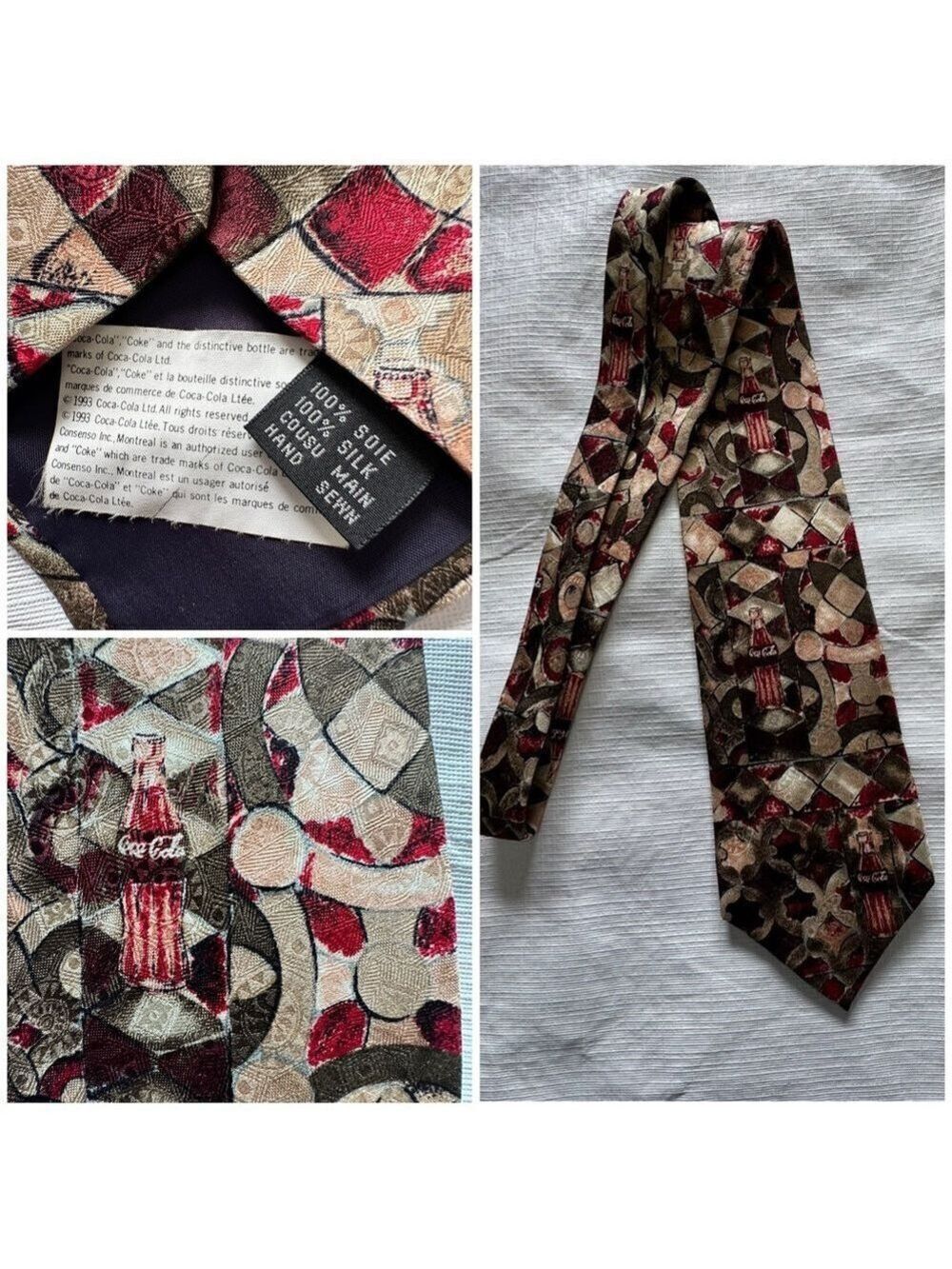 Coca Cola Vintage 1993 100% Silk Red and Brown Tie with Classic Design